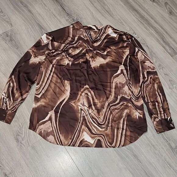 The Limited Choc Brown Swirl Silky Long Sleeve Button Top - Picture 5 of 5